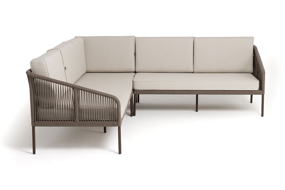 "Канны" диван модульный плетеный из роупа, каркас алюминий коричневый (RAL8016) муар, роуп коричневый круглый, ткань бежевая 035