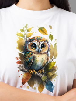 Футболка белая хлопковая с принтом милая сова дизайн акварель оверсайз