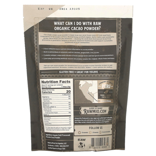 Rawmio, Порошок из необработанного органического какао, несладкий, 1 фунт (16 унций)