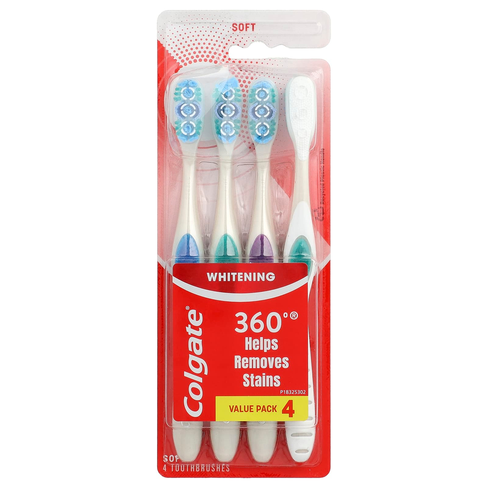 Colgate, 360 отбеливающие зубные щетки, мягкие, 4 шт.
