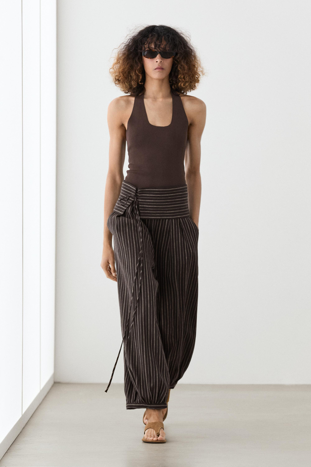Massimo Dutti Шаровары в полоску с поясом, коричневый