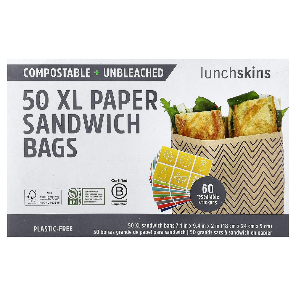 Lunchskins, бумажные пакеты для сэндвичей, размер XL, с защитной пленкой, 50 шт.