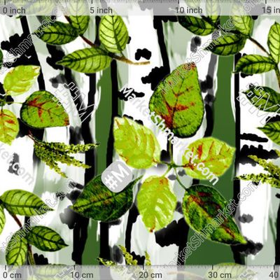 Березы и акварельные листья на зеленом 2 by art magiya 201 DPI