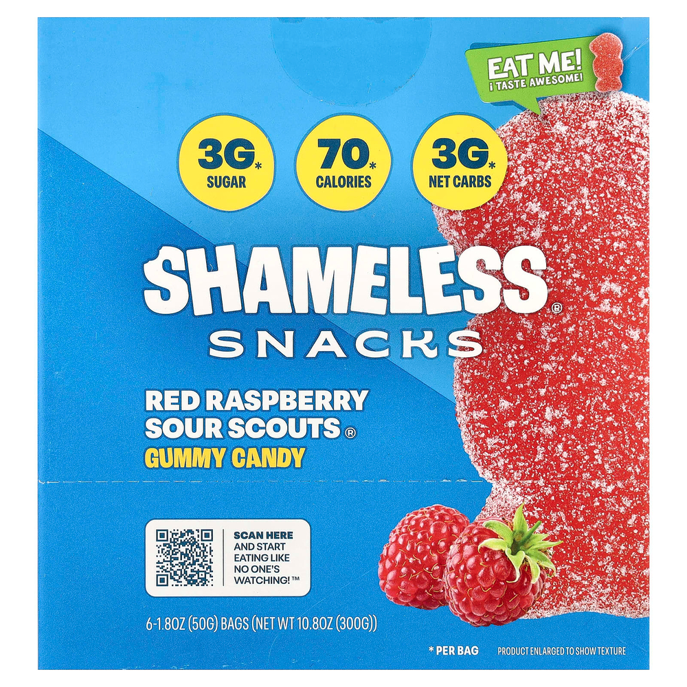 Shameless Snacks, Gummy Candy, Red Raspberry Sour Scouts®, 6 пакетиков по 50 г (1,8 унции)