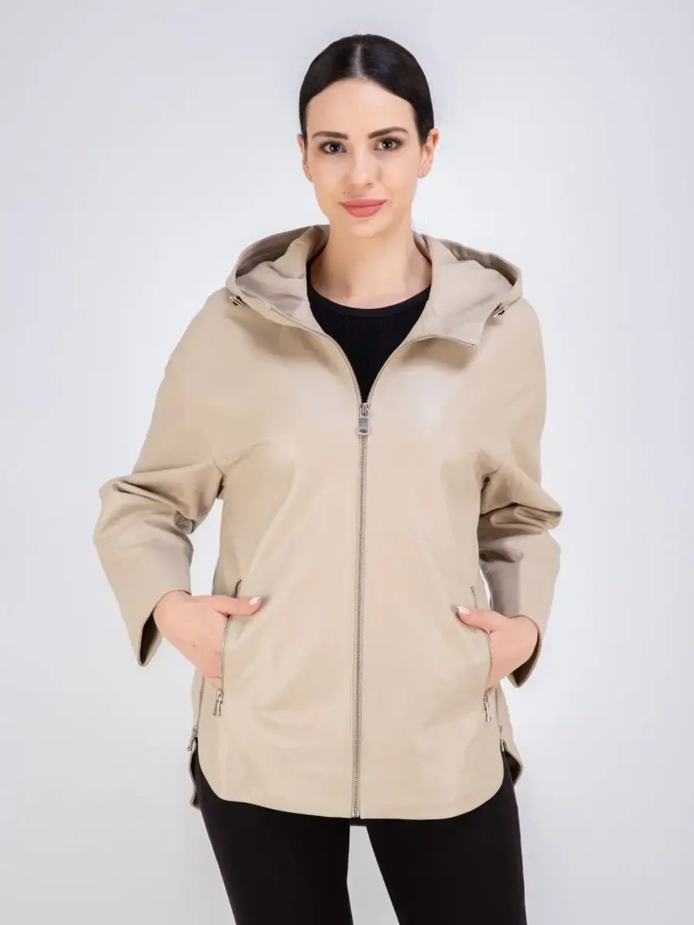 Куртка кожаная натуральная оверсайз с капюшоном