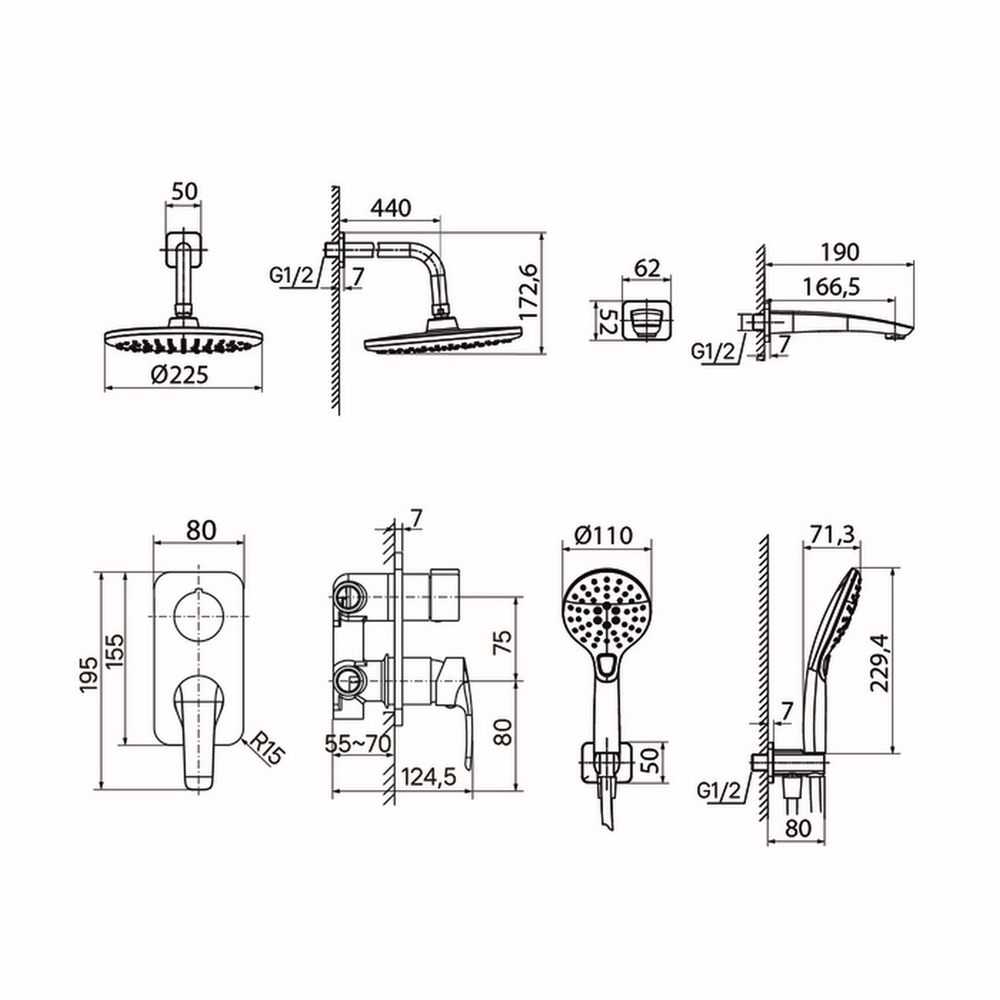 Душевая система 35к IDDIS RAYBL03i68 "Ray" лейка "Тропический душ", встраиваемая,  ЧЕРНЫЙ матовый