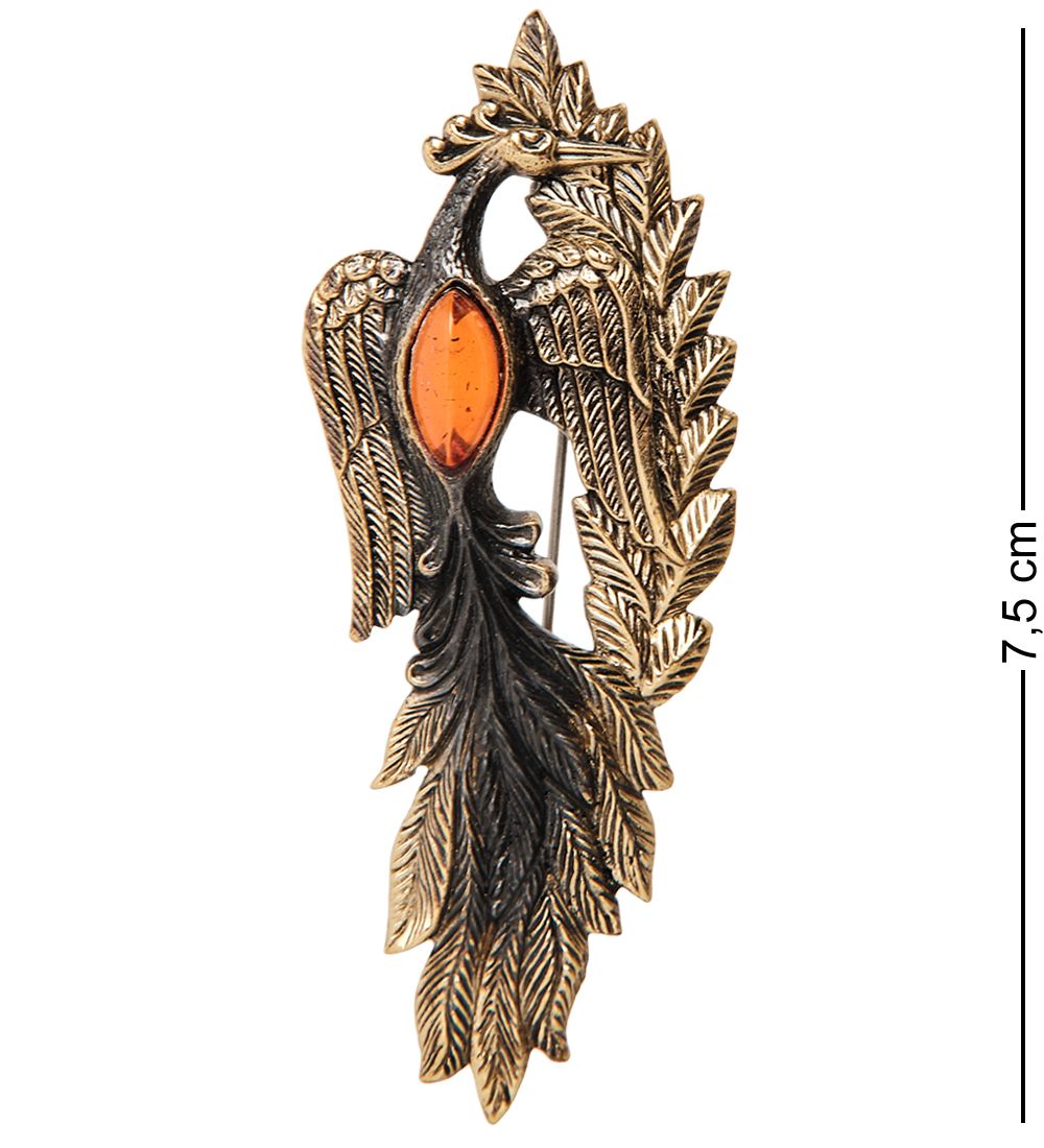 AM- 897 Брошь «Жар-птица» (латунь, янтарь)