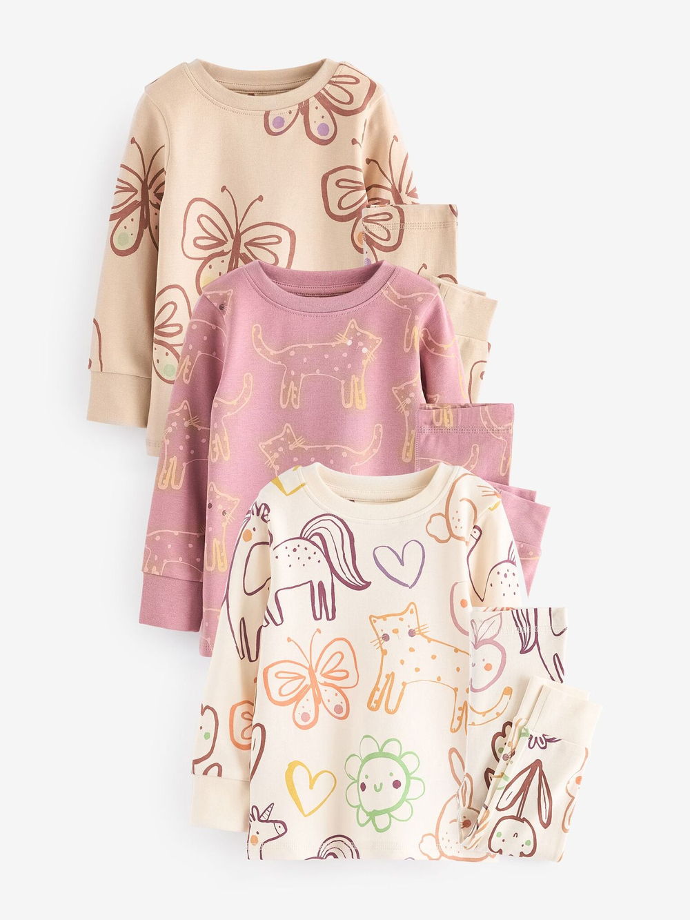 Пижама для девочки Next 192-108, 3 шт., Белый, Розовый, Кремовый