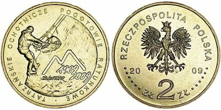 Польша 2 злотых, 2009 100 лет поисково-спасательной службы в Татрах