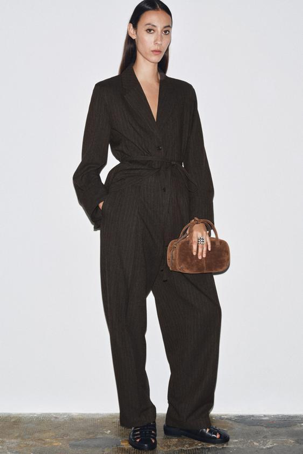 ZARA БРЮКИ В ЕЛОЧКУ С ЗАЩИПАМИ — ZW COLLECTION, КОРИЧНЕВЫЙ МЕЛАНЖ