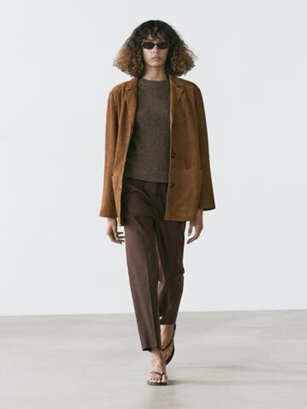 Massimo Dutti Замшевый блейзер с лацканами, коричневый