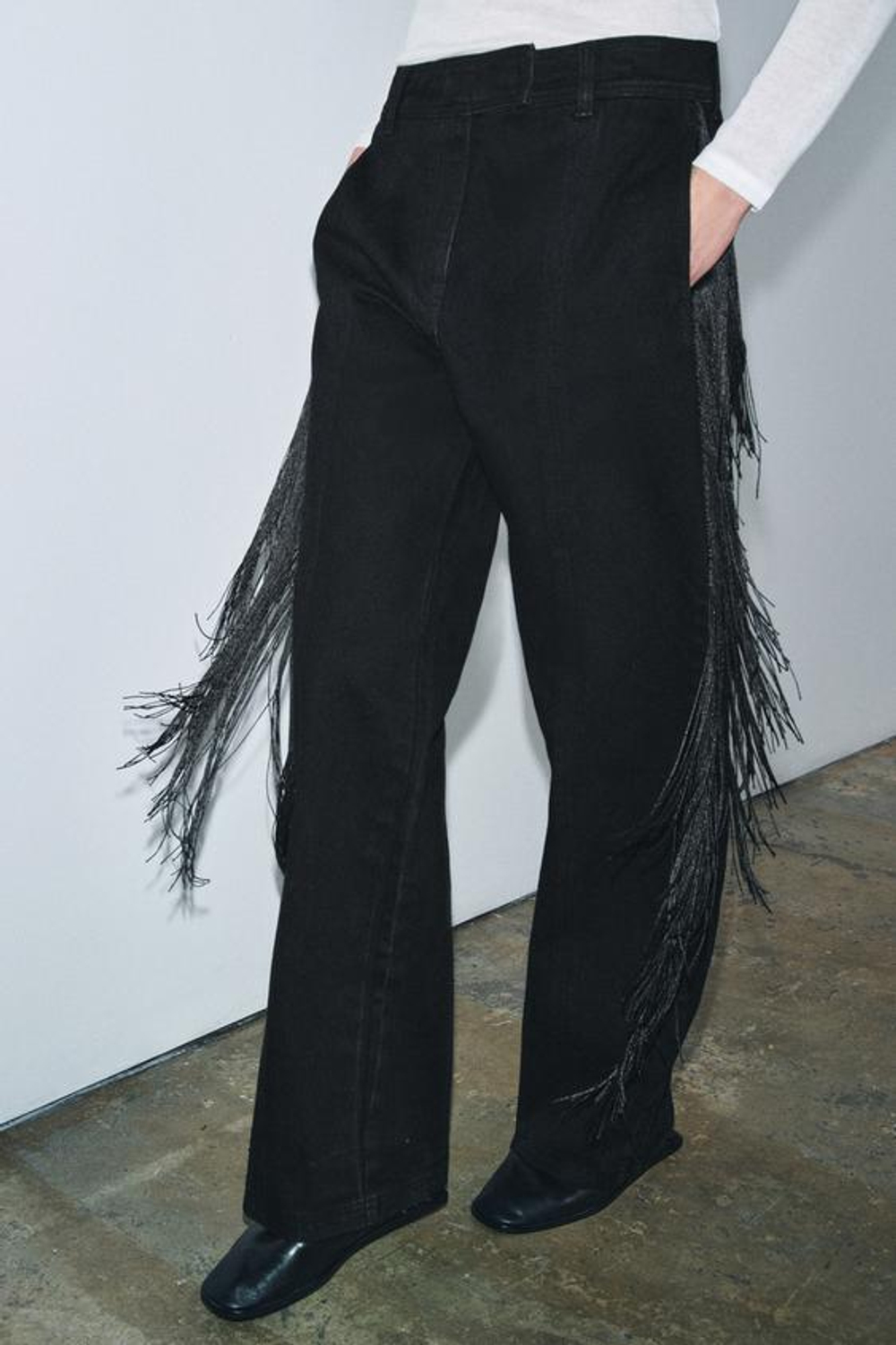 ZARA БРЮКИ С БАХРОМОЙ ZW COLLECTION LIMITED EDITION, ЧЕРНЫЙ