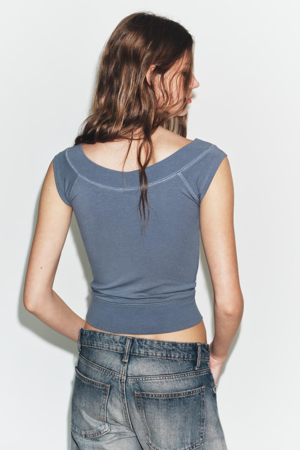 ZARA ТОП С ВЫРЕЗОМ «ЛОДОЧКА», ГОЛУБОЙ