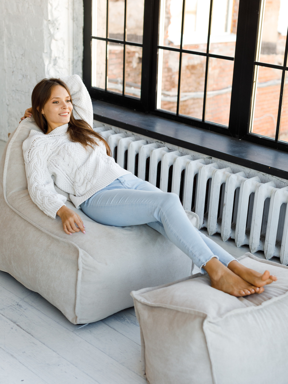 Кресло Манхеттен Светло-бежевое с Пуфом