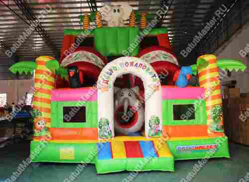 Детский надувной батут-горка "Слоник в джунглях" с окнами по бокам и птичками, 7*5*6 м