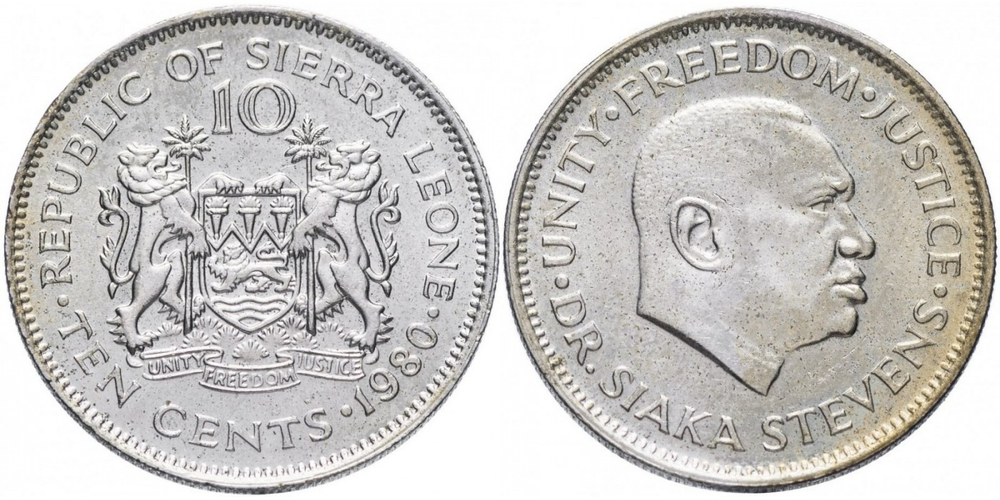 Сьерра-Леоне 10 центов, 1980 ДОКТОР ДЖАКАРТА СТИВЕНС VF