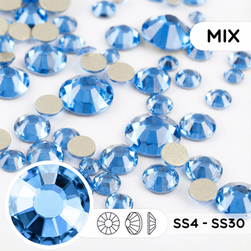 Стеклянные стразы холодной фиксации “Light Sapphire” — микс размеров SS4–SS30