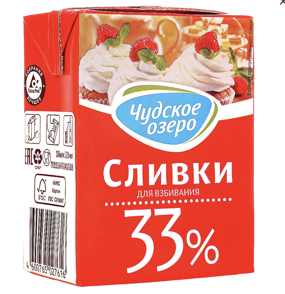 Сливки животные Чудское озеро 33% 0,2л