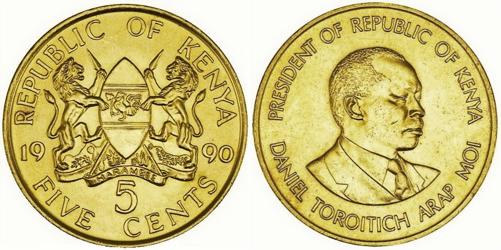 Кения 5 центов, 1978 - 1991 Дэниэл арап Мои XF