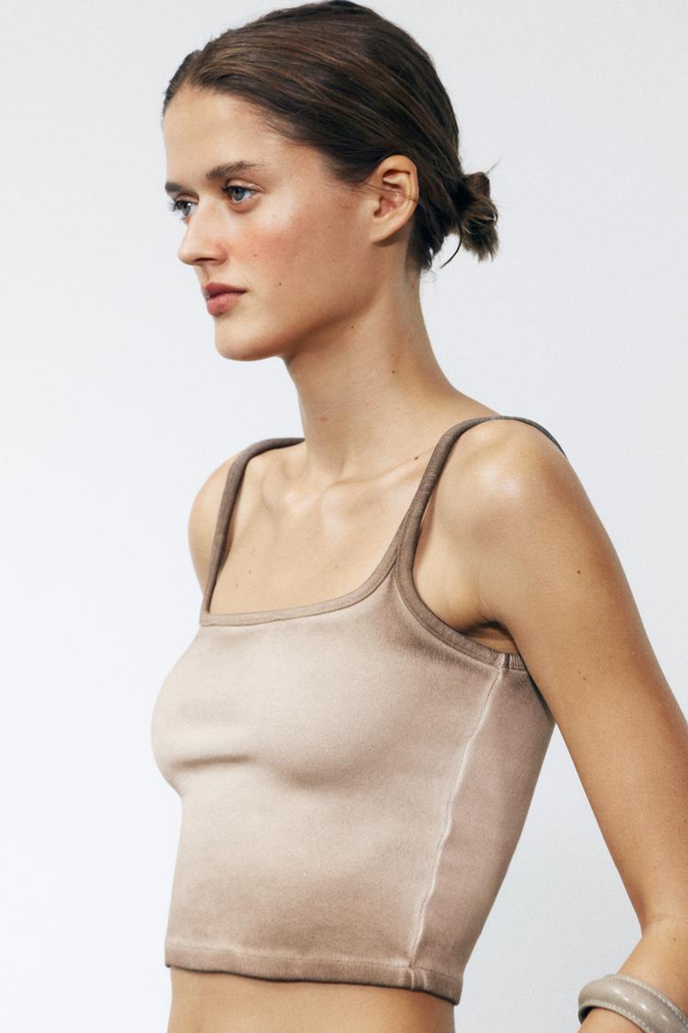 ZARA УКОРОЧЕННЫЙ ТОП В РУБЧИК, СЕРОВАТО-КОРИЧНЕВЫЙ