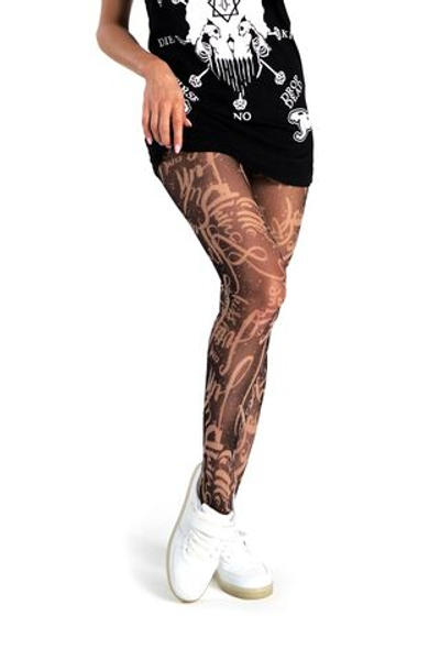 Бежево-черные колготки с принтом в виде надписей (Размер: S-M-L) (Цвет: бежевый)