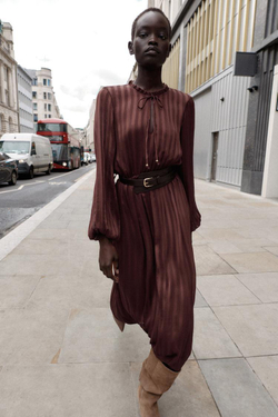 ZARA ПЛАТЬЕ-МИДИ С ПОЯСОМ, ЧЕРЕПИЧНЫЙ