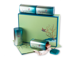 269078.2 Набор подарочный "Ветка" сумка, коробка, 4 банки 15,3х8х8см, картон/алюм. зелено-синий
