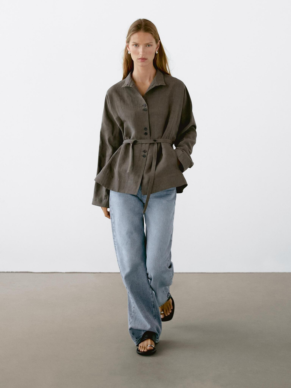 Massimo Dutti Куртка из смесового льна с воротником-стойкой, кротово-коричневый