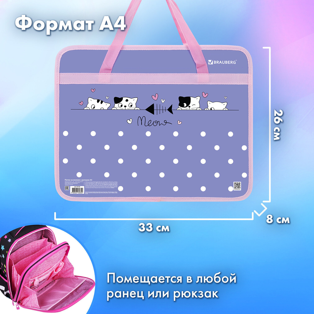 Папка на молнии с ручками BRAUBERG А4 1 отделение пластик 80 мм "Meow" (3 штуки в упаковке)