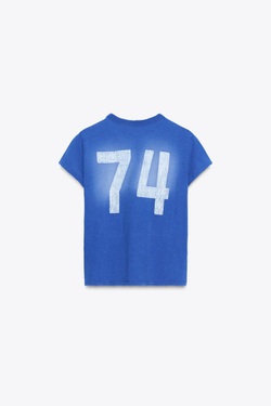 ZARA ФУТБОЛКА С ЭФФЕКТОМ ПОТЕРТОСТИ И НАДПИСЬЮ, СИНИЙ