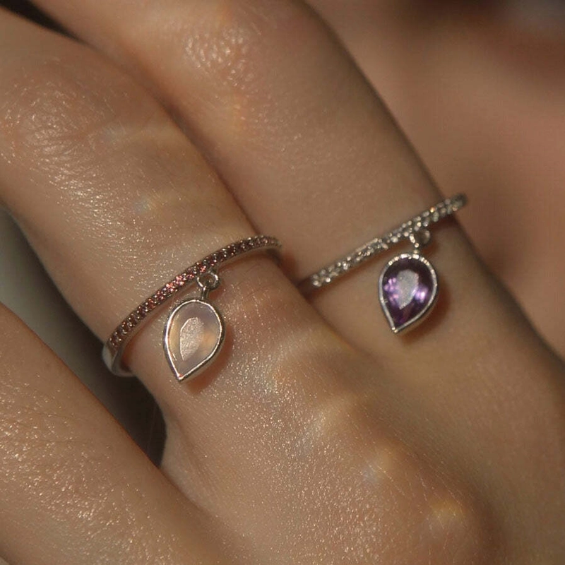 Кольцо Блестящее с Подвеской с Розовым Кварцем