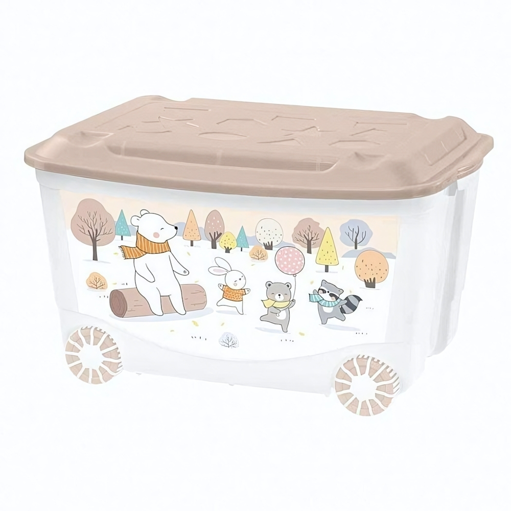 Ящик для игрушек на колесах с декором 45л "зверушки на опушке", 580х390х335 мм, (темно-бежевый)