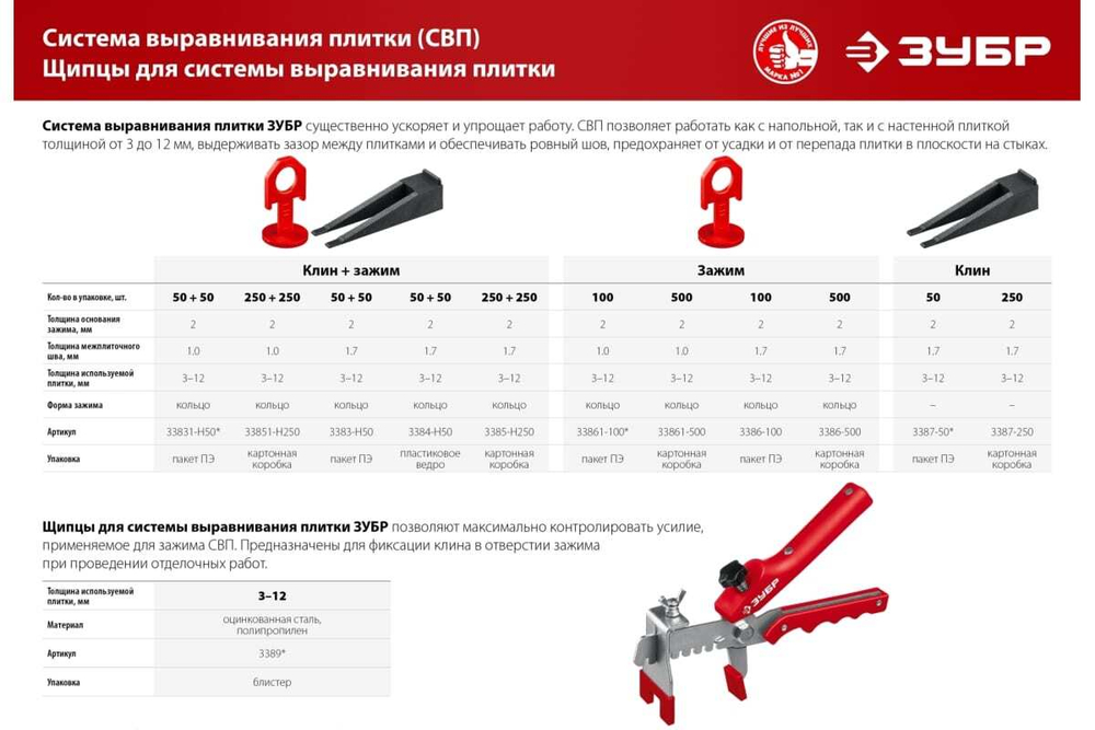 Зажим для системы выравнивания плитки СВП ЗУБР 1.7 мм, 100 шт 3386-100