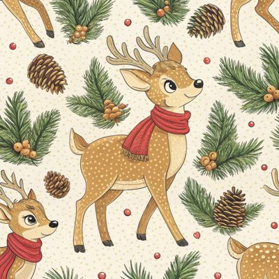 Олени в красных шарфах и веточки сосны