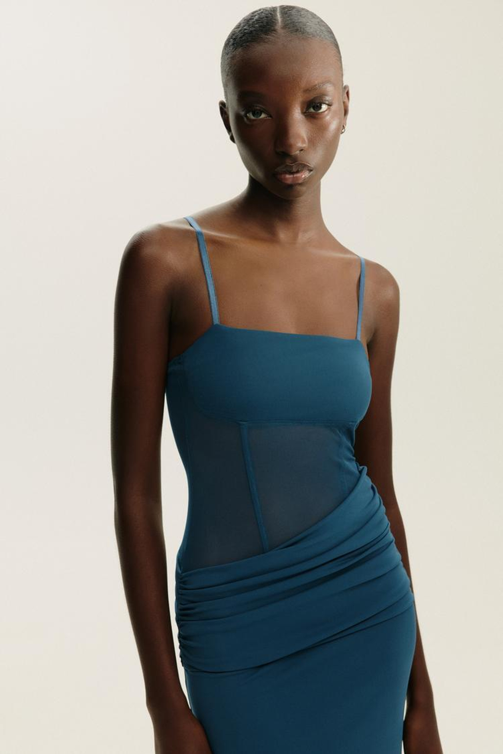 ZARA ДЛИННОЕ КОМБИНИРОВАННОЕ ПЛАТЬЕ, СИНИЙ