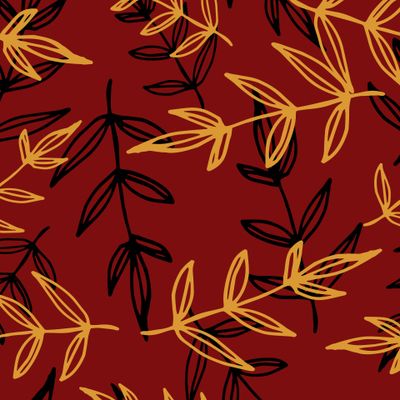 Веточки и листья на бордовом фоне