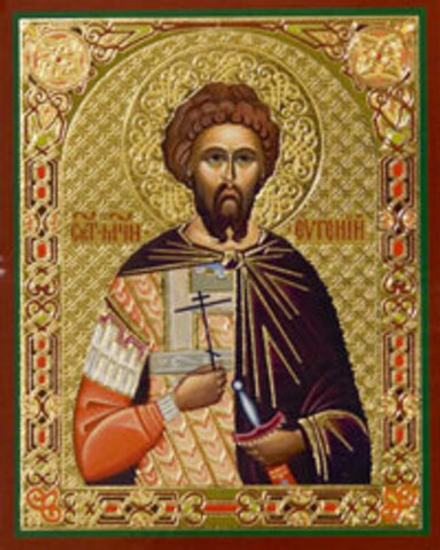 Икона на деревянной основе Евгений Севастийский св. мч. 8х6 с тиснением золотой фольгой, в упаковке