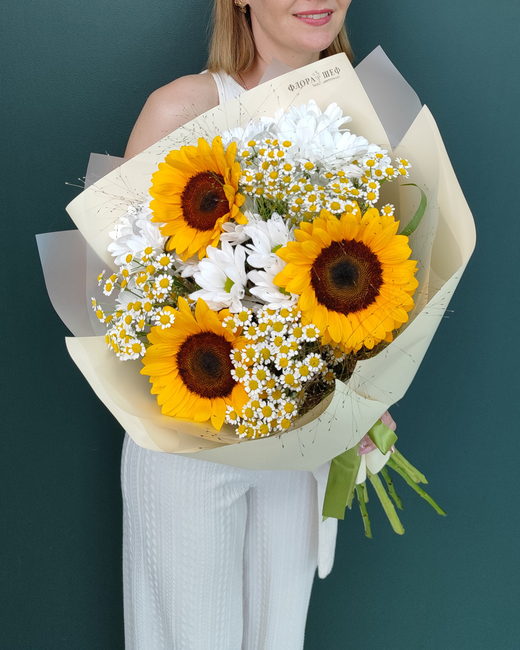 Букет из подсолнуха,ромашки и хризантемы(00317)