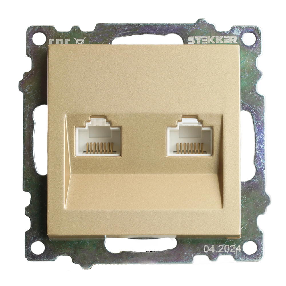 Розетка компьютерная 2-местная RJ-45 (механизм) STEKKER GLS00-7109-08, серия Катрин, золото 50009