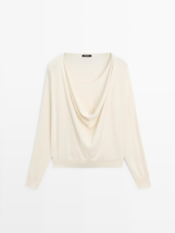Massimo Dutti Свитер из смесового хлопка с драпированным вырезом, натуральный/кремовый