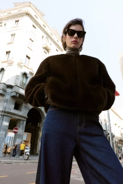 ZARA БОМБЕР ИЗ ИСКУССТВЕННОГО МЕХА, ТЕМНО-КОРИЧНЕВЫЙ