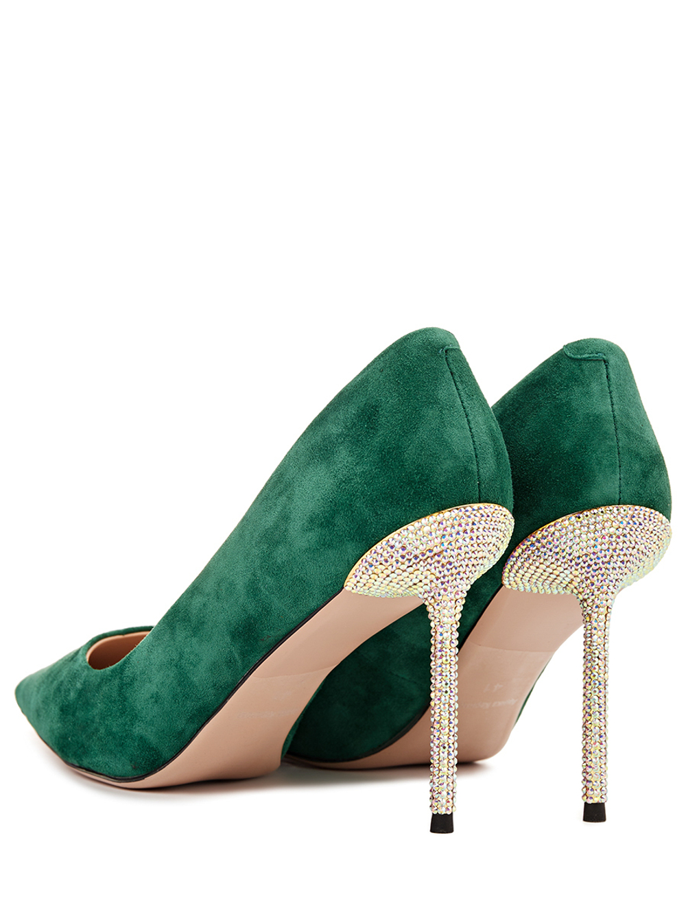 Женские туфли замшевые зеленые на каблуке со стразами