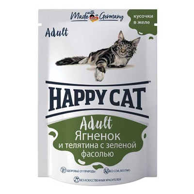 Happy Cat консервы для кошек с ягненком, телятиной и с зеленой фасолью в желе 100 г (пакетик) (Россия)