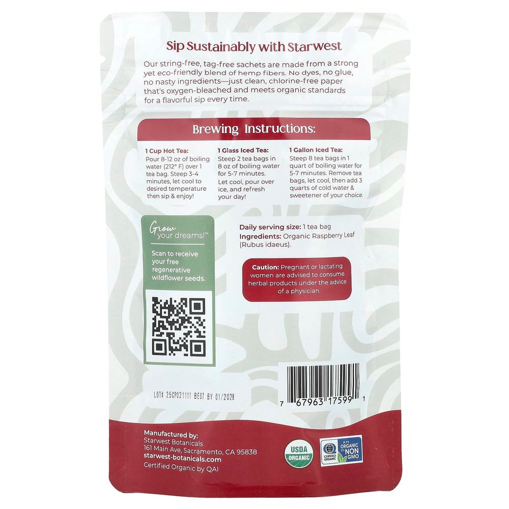 Starwest Botanicals, Органический чай из листьев малины, 20 чайных пакетиков, 30 г (1,04 унции)