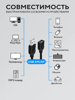 Кабель удлинитель USB 2.0 - 1,5 м (штекер USB-A и гнездо USB-A) для подключения устройств Камеры, Мыши, Клавиатуры, флешки и других компьютерных аксессуаров, черный SWIRE