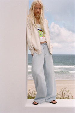 ZARA ДЖИНСЫ WIDE LEG C ТОНКИМ ПОЯСОМ, ГОЛУБОЙ