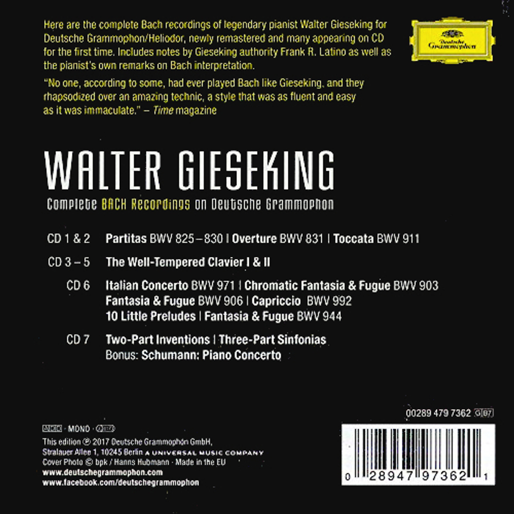 Walter Gieseking / The Complete Bach Recordings On Deutsche Grammophon (7CD)