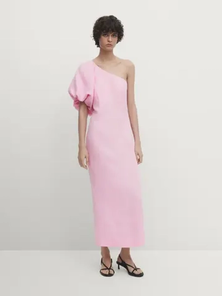 Massimo Dutti Длинное льняное платье с пышными рукавами - Studio, розовый