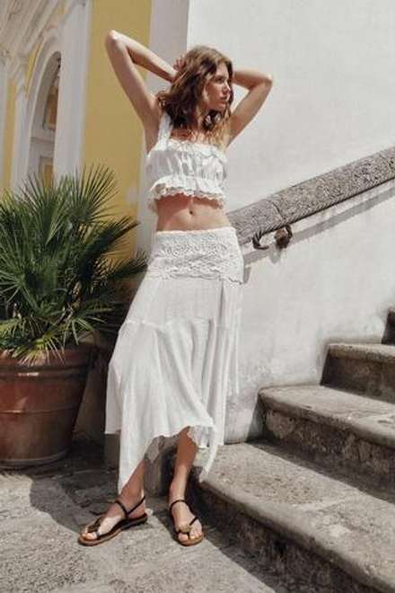 ZARA ЮБКА МИДИ АСИММЕТРИЧНОГО КРОЯ С ВЫШИВКОЙ, БЕЛЫЙ
