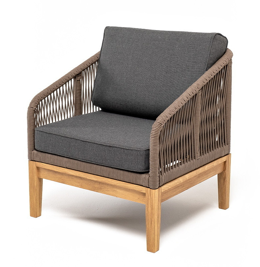 "Канны" кресло плетеное из роупа, основание дуб, роуп коричневый круглый, ткань темно-серая 027